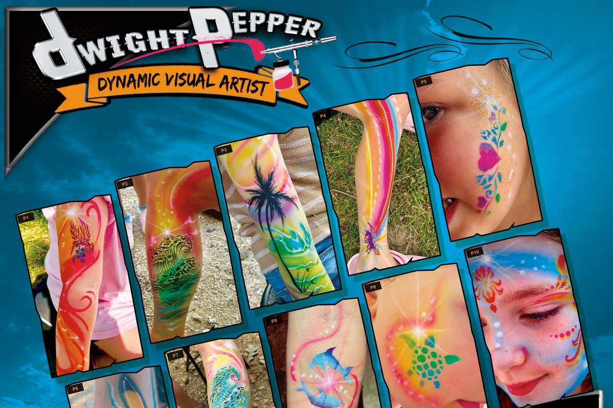 Dwight Pepper — Dynamic Visual Artist. The 2026 season board: airbrushed body art collage on teal.
