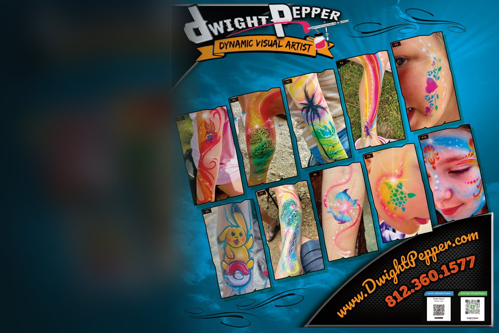 Dwight Pepper 2026 season board — Dynamic Visual Artist wordmark and airbrushed body art collage on teal water sky