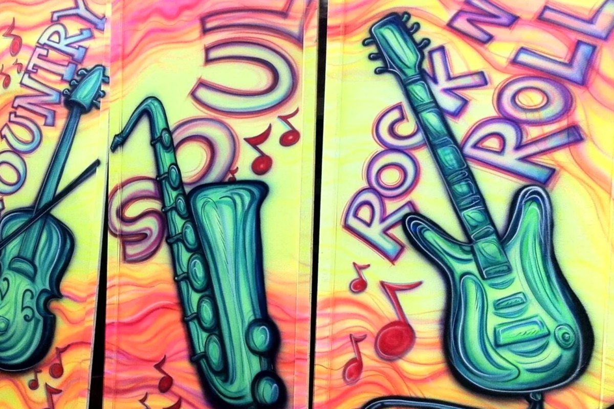 Music mural — Country, Soul, Rock n Roll airbrushed panels