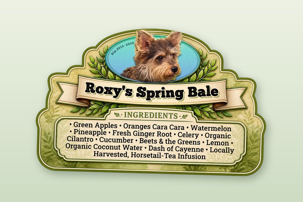 Roxy's Spring Bale cold pressed juice label — hand illustrated