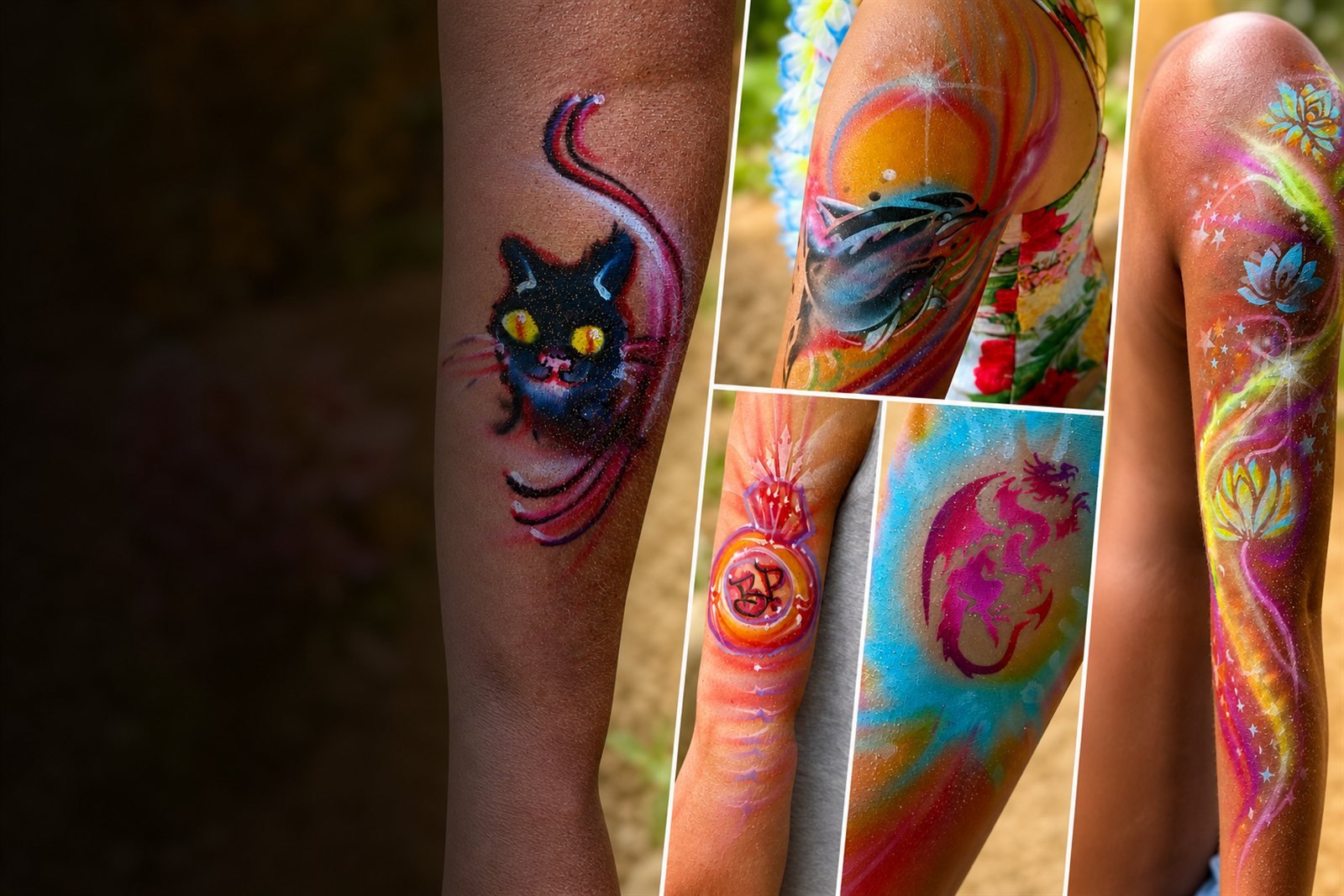 Collage of five colorful airbrushed body-art designs painted live at an outdoor festival