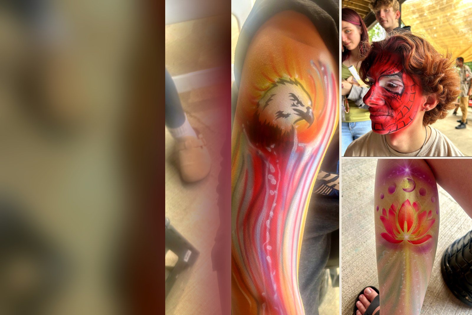 Three vivid airbrushed looks from Hard Truth Employee Appreciation Day: an eagle sleeve, red Spider-Man face paint, and a pink lotus design