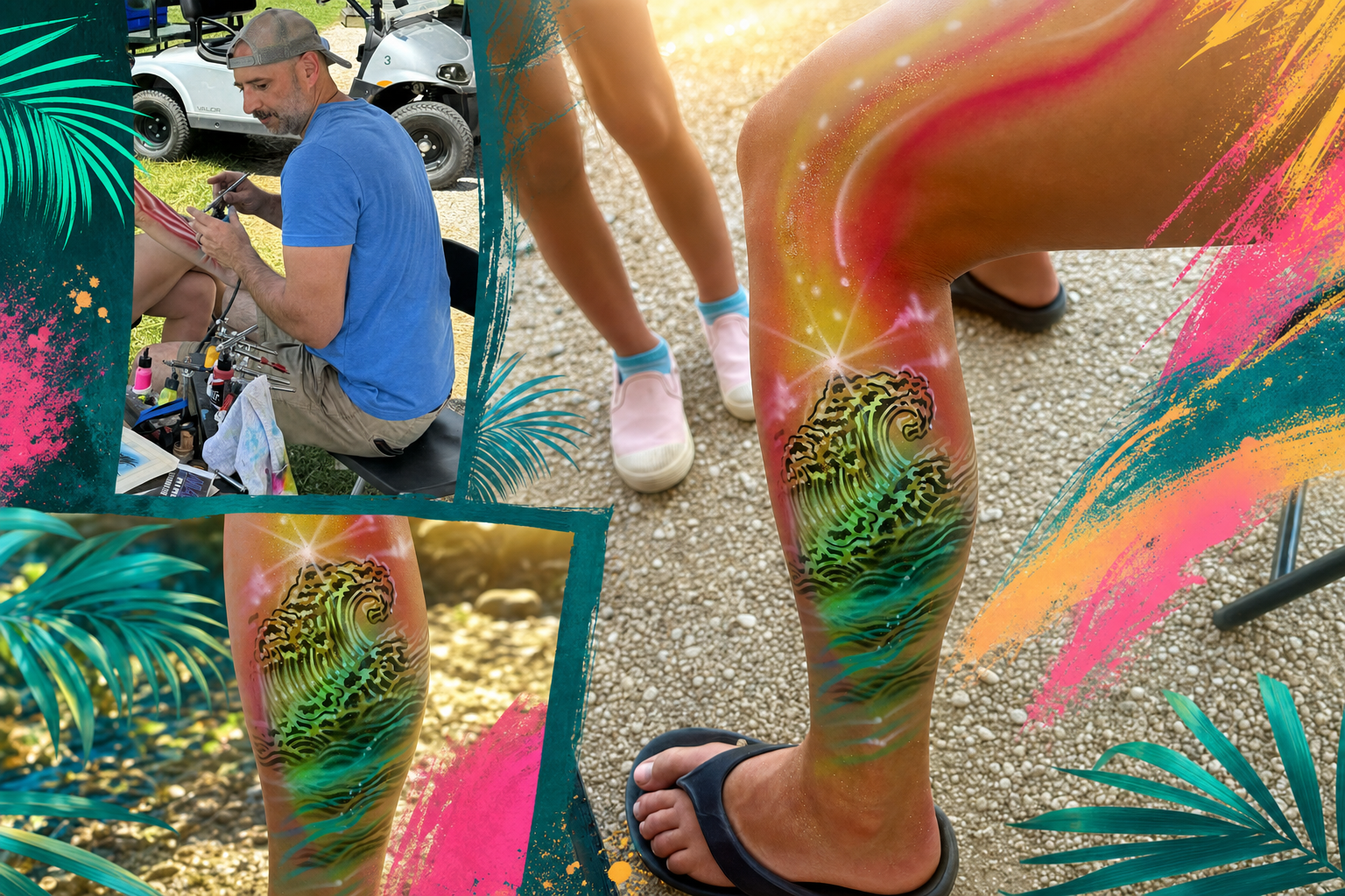 Dwight Pepper airbrushing live event body art beside a vibrant tiger and wave design, in a teal tropical collage